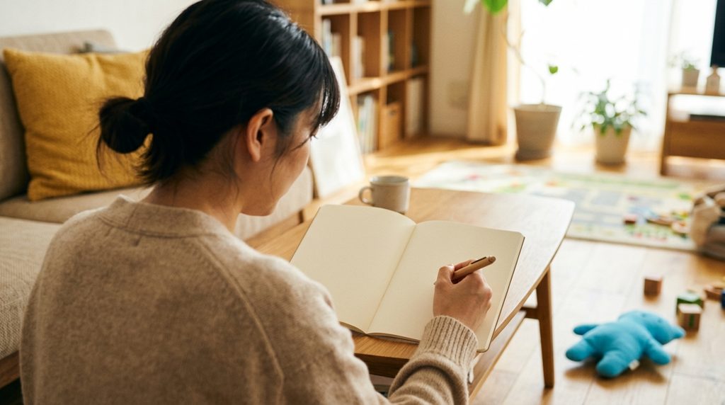 日本のリビングで、ノートにペンを置いた親の手元