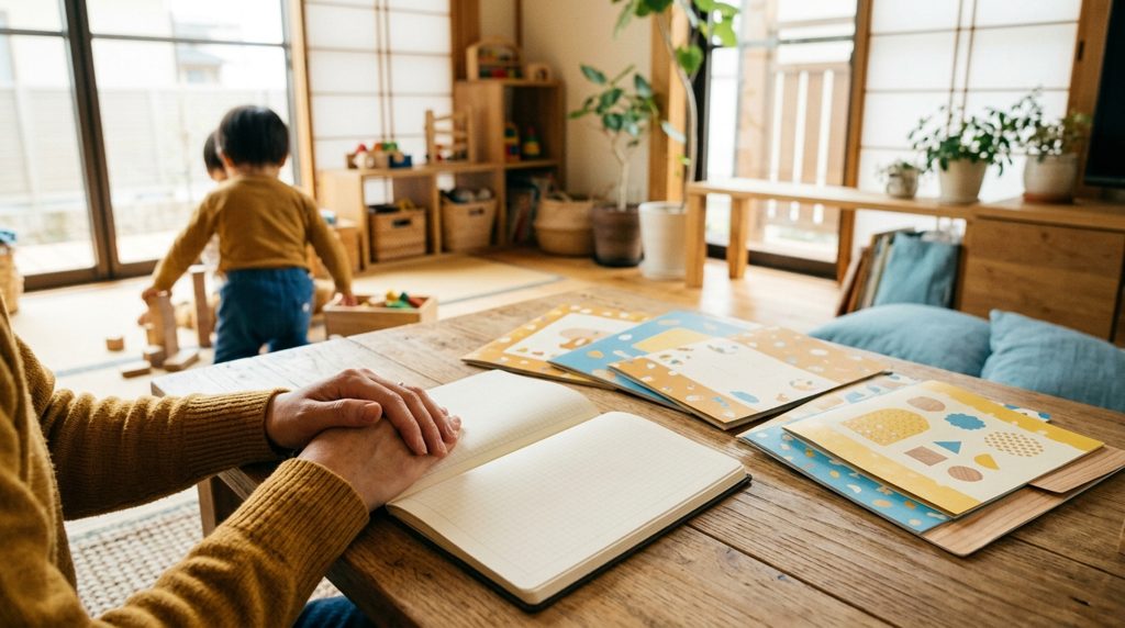 リビングで教材を広げ、比較検討する手元