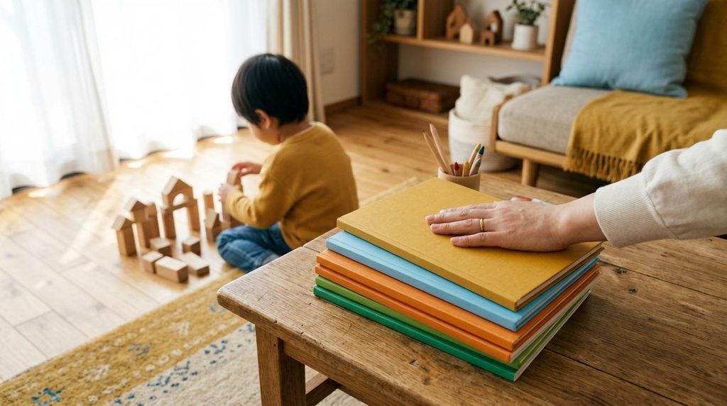 子ども向け教材に手を置く親、遊ぶ子ども
