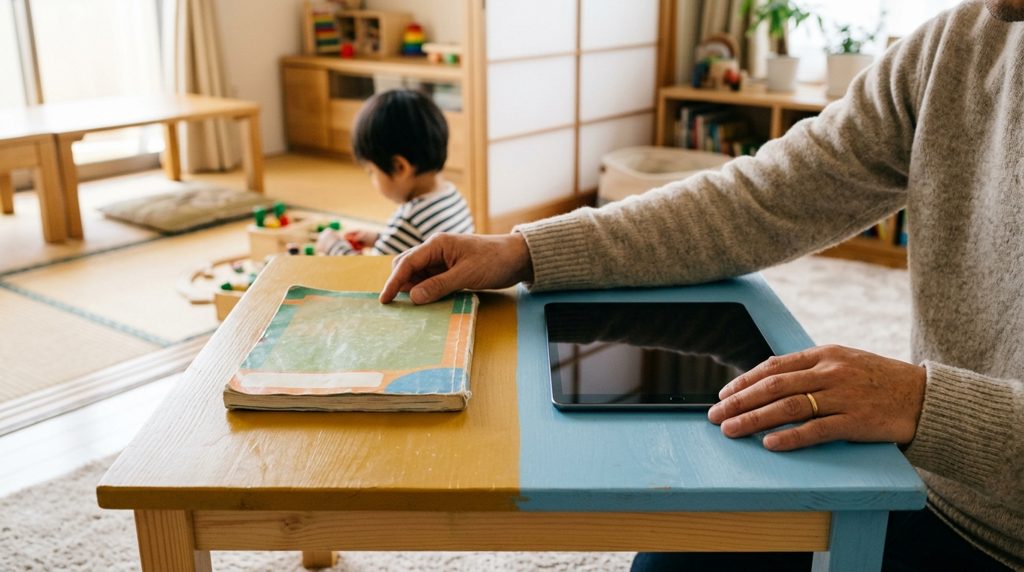 リビングで幼児用ドリルとタブレットを比べる親の手元。