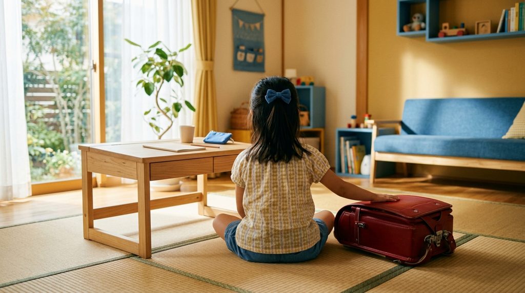 リビングでランドセルと小さな学習机を見つめる幼児の後ろ姿