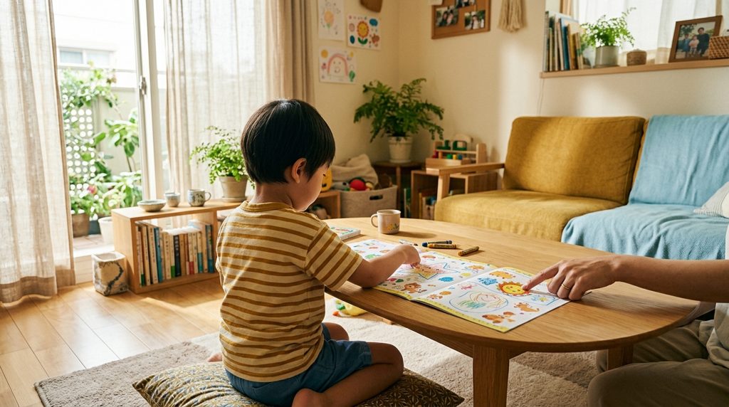 リビングで親子がシール付きのワークシートを見る