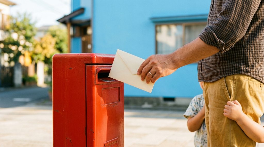 親が郵便ポストに封筒を投函する様子と、親の足元にしがみつく子どもの手