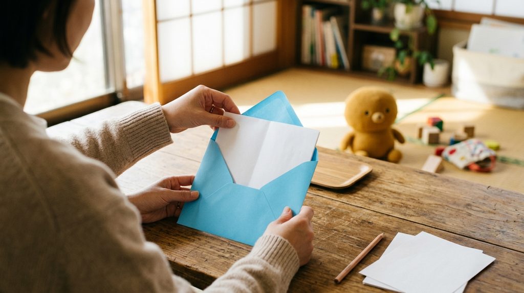 親が課題を封筒に入れる手元