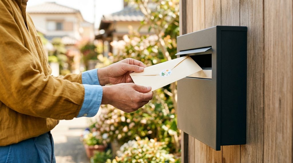 郵便ポストに課題提出用の封筒を入れる親の手元