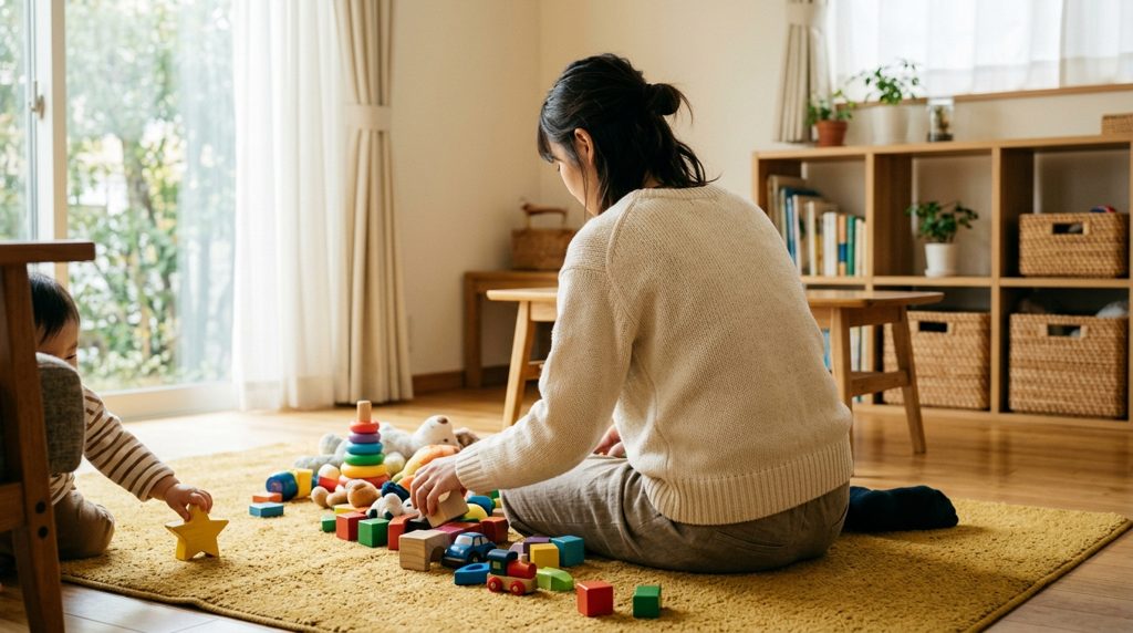 リビングの床で知育玩具のようなおもちゃを見つめる親と子の手元