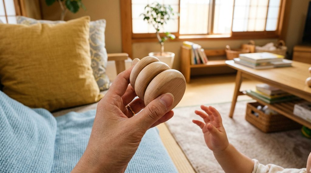 親の手が木のおもちゃを優しく持ち、子どもの手が触れようとしている様子