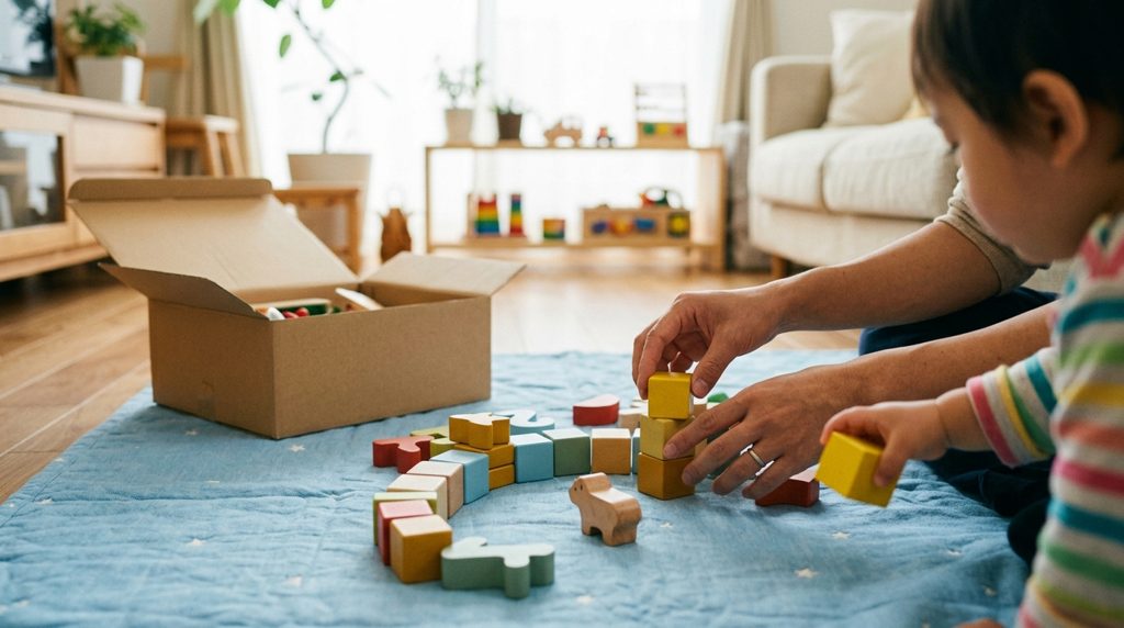 からし色の部屋で知育玩具を整理する親子の手元