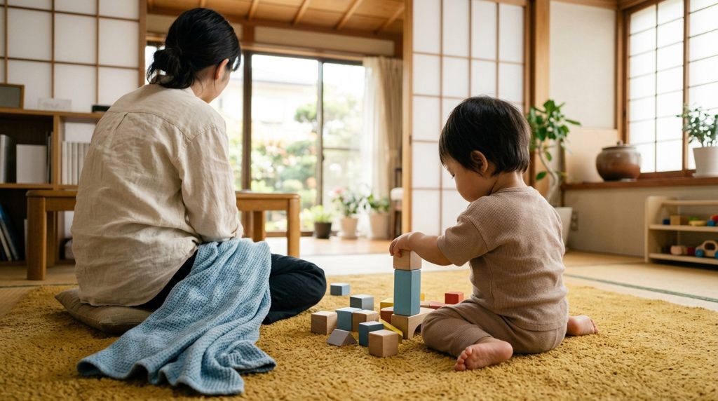 明るいリビングで、子どもが積木で遊ぶ手元
