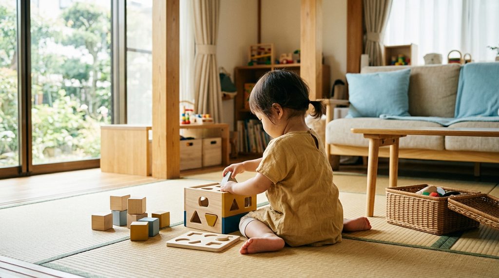 和やかなリビングで、幼い子がたくさんの知育玩具で遊ぶ様子
