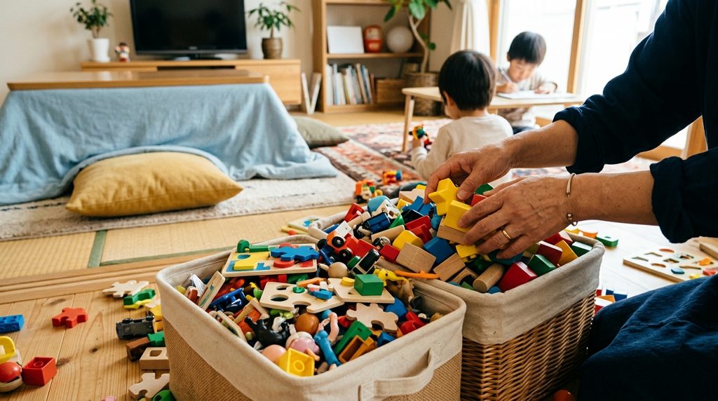 おもちゃの山を整理する親の手元