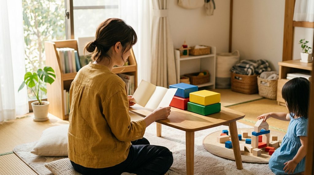明るいリビングで、おもちゃの箱とパンフレットを見比べる母親と、遊ぶ子どもの手