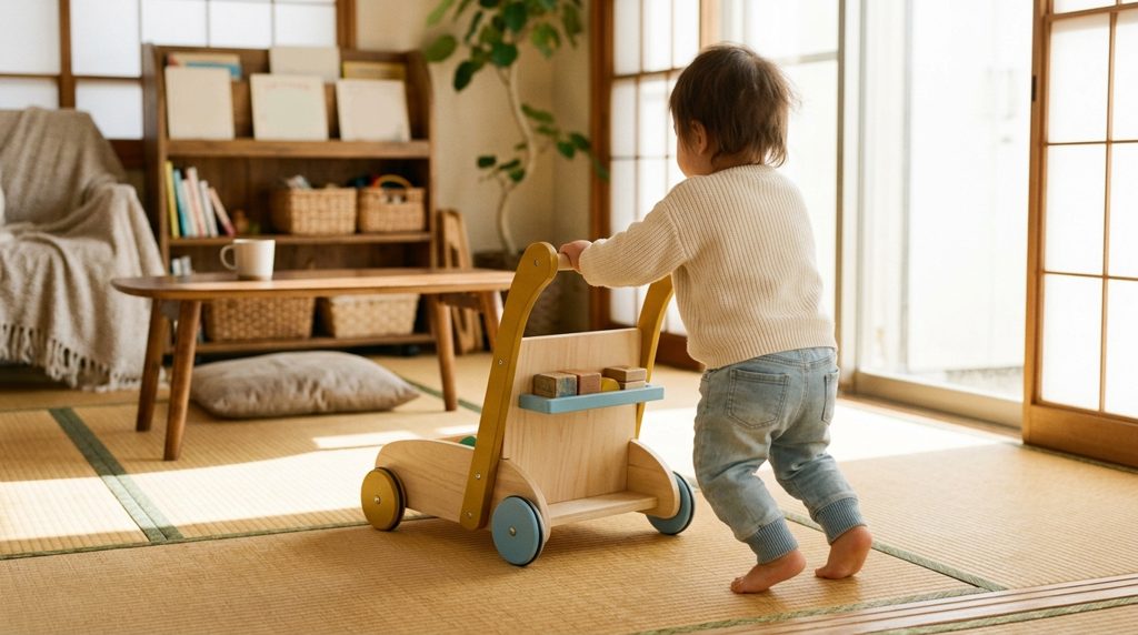 日本のリビングで子どもが押し車で遊ぶ様子