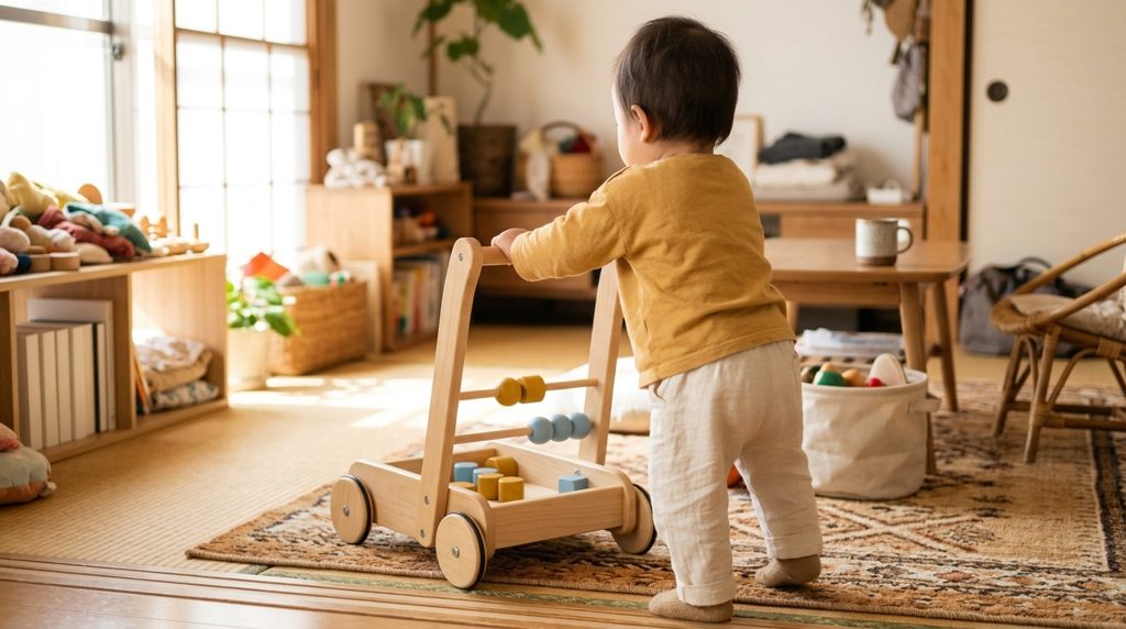 リビングで木製手押し車を押す子どもの手