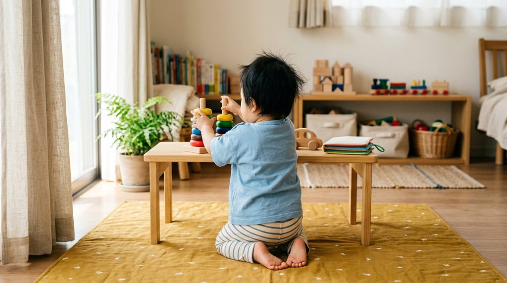 黄色のプレイマットで木のおもちゃに手を伸ばす子どもの後ろ姿