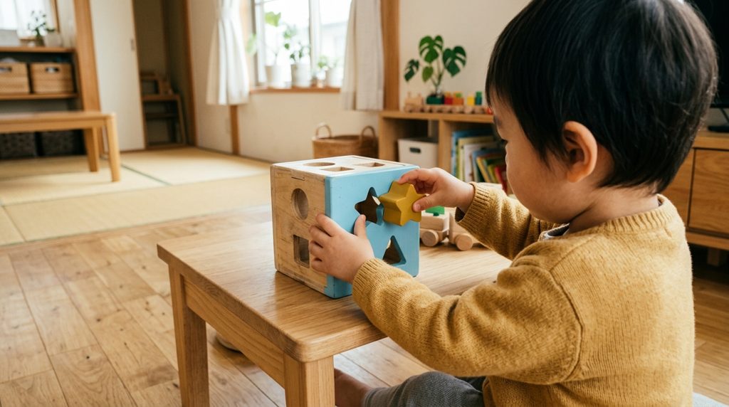 星のブロックを型にはめる子どもの手