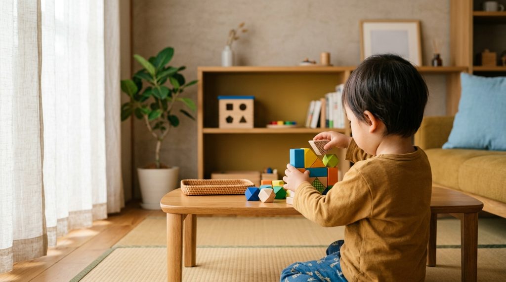日本のリビングで、子どもが木製パズルで遊ぶ手元と、奥に見える棚に置かれた型はめおもちゃ。