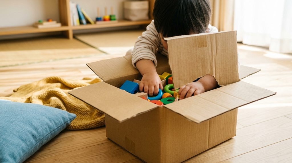 リビングで届いたおもちゃを箱から出す子どもの手元