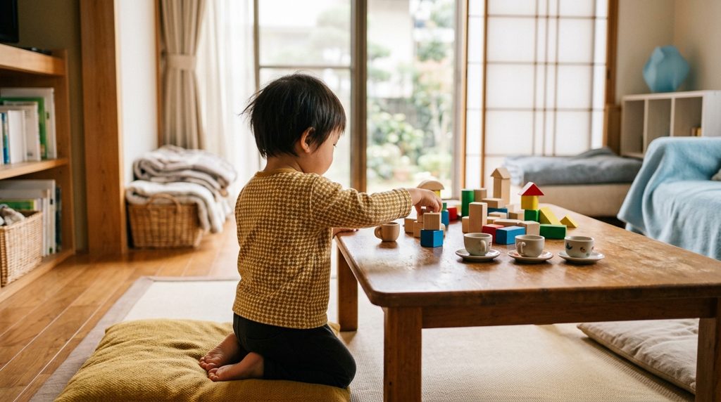 温かいリビングで、子どもが木製ブロックと小さなお皿を使って遊ぶ手元。