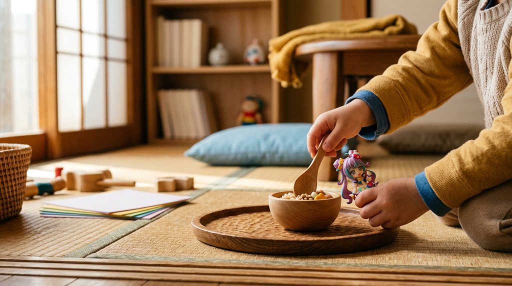 子どもが人形と木のおもちゃで遊ぶ手元