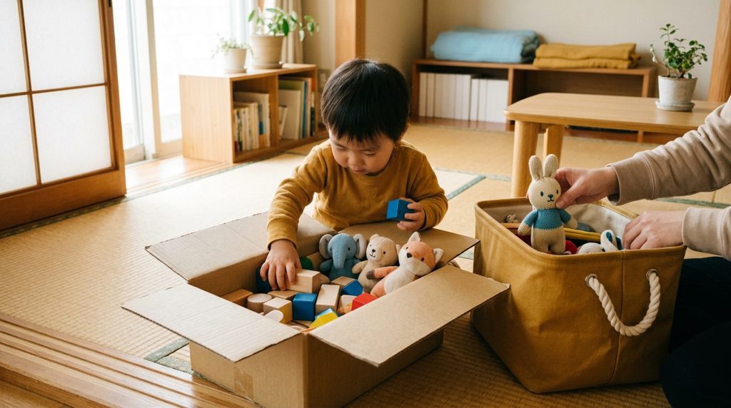 おもちゃの箱から出して遊ぶ子どもと、片付けをする親の手元。