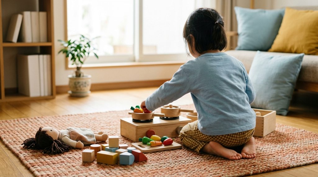 おままごと道具、人形、積み木など様々な役割を担う玩具で遊ぶ子どもの手元。