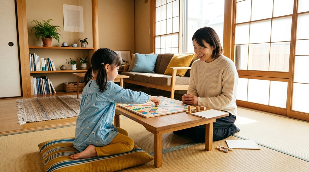 リビングでボードゲームをする子供と大人の手元