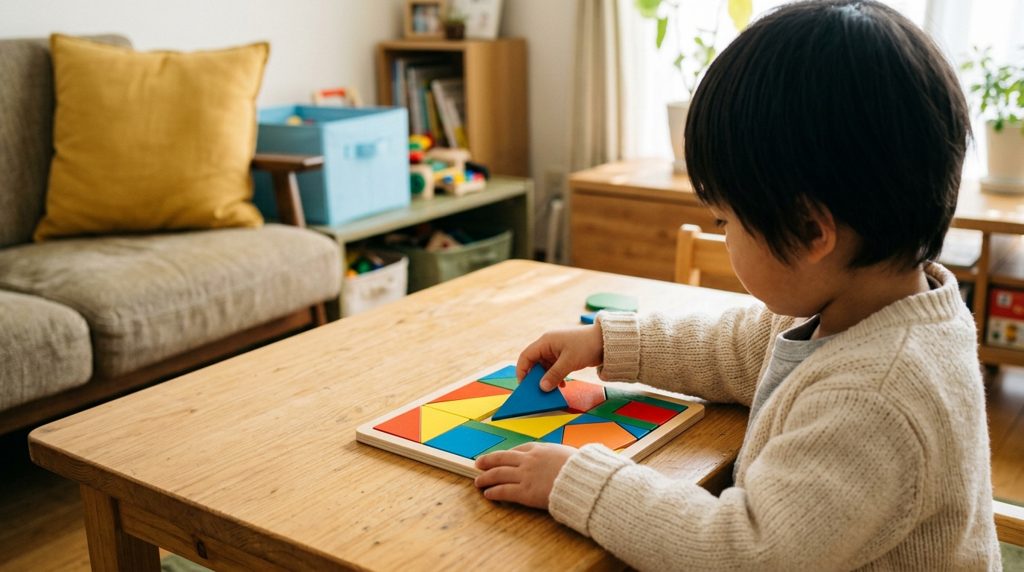 子供が知育パズルに取り組む手元