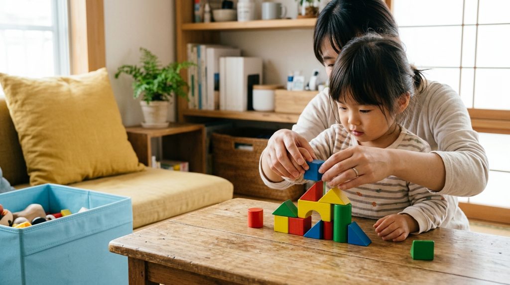 リビングのテーブルで教材に触れる親子の手元