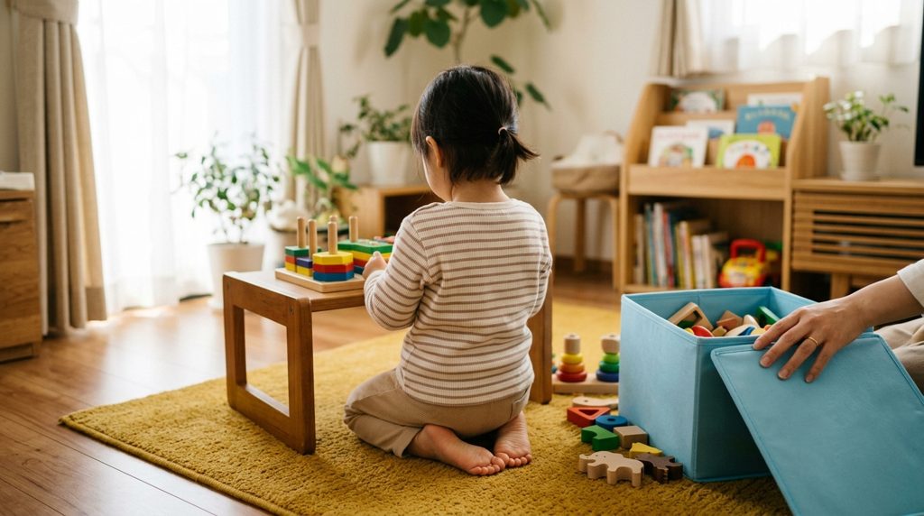マスタード色のラグで木のおもちゃを見る子どもの後ろ姿と親の手