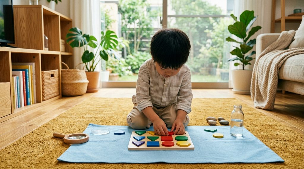 温かいリビングでパズルをする子どもの後ろ姿