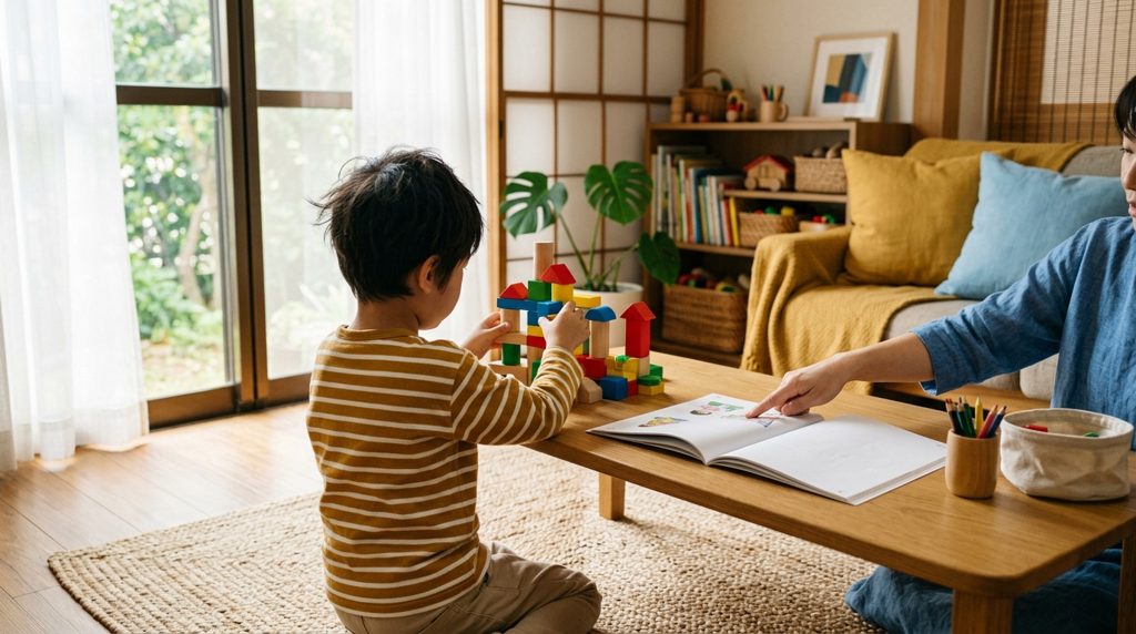 親子で新しい教材に触れるリビング