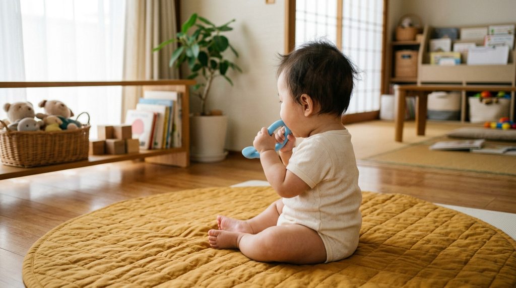 歯固めを口に運ぶ赤ちゃんの様子