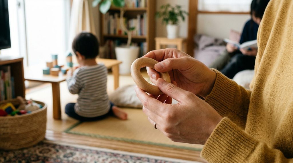 親が赤ちゃんのおもちゃの素材を確認している様子