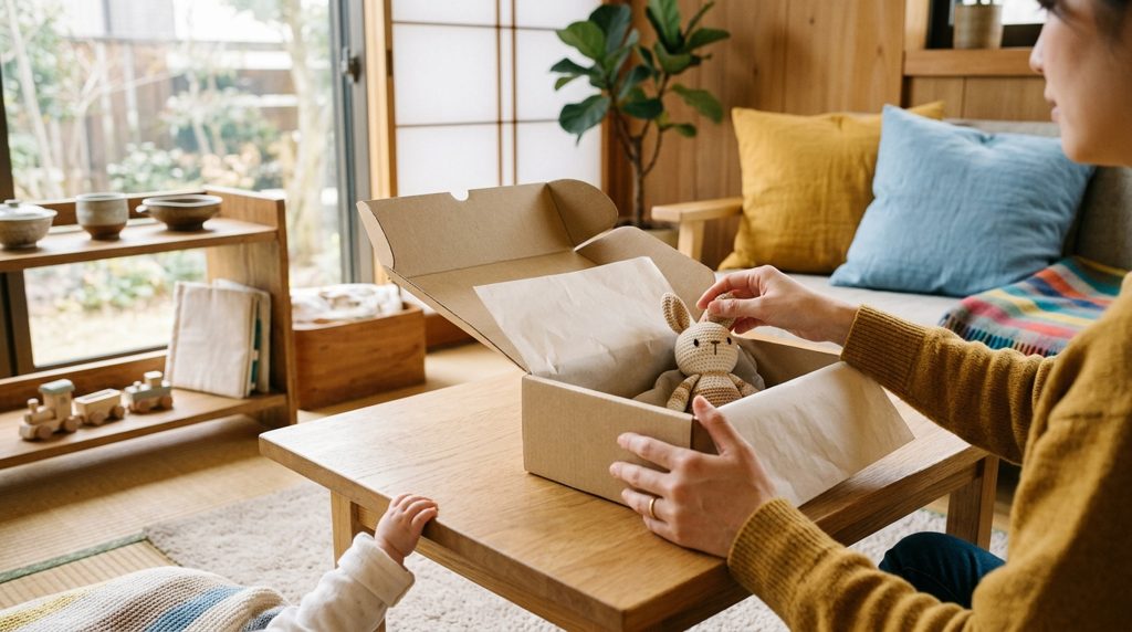 新米ママ（またはパパ）が、リビングで届いた荷物を開けている様子。