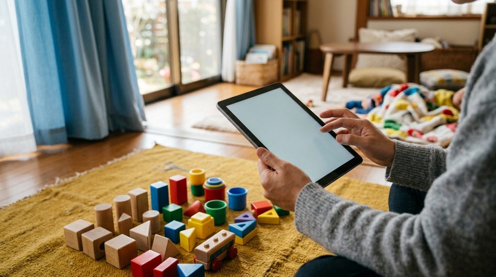 タブレットで条件を確認する親の手元と、床のおもちゃ