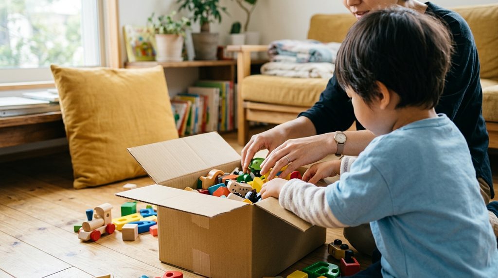 親子の手が一緒に、おもちゃを返却用の箱に入れる様子