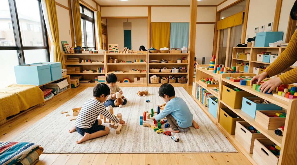 おもちゃが並んだ部屋で遊ぶ子どもと、おもちゃを片付ける大人の手元