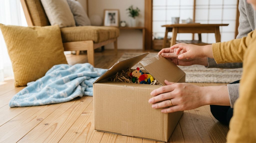 親と子の手が、新しく届いたおもちゃの箱を開けている様子