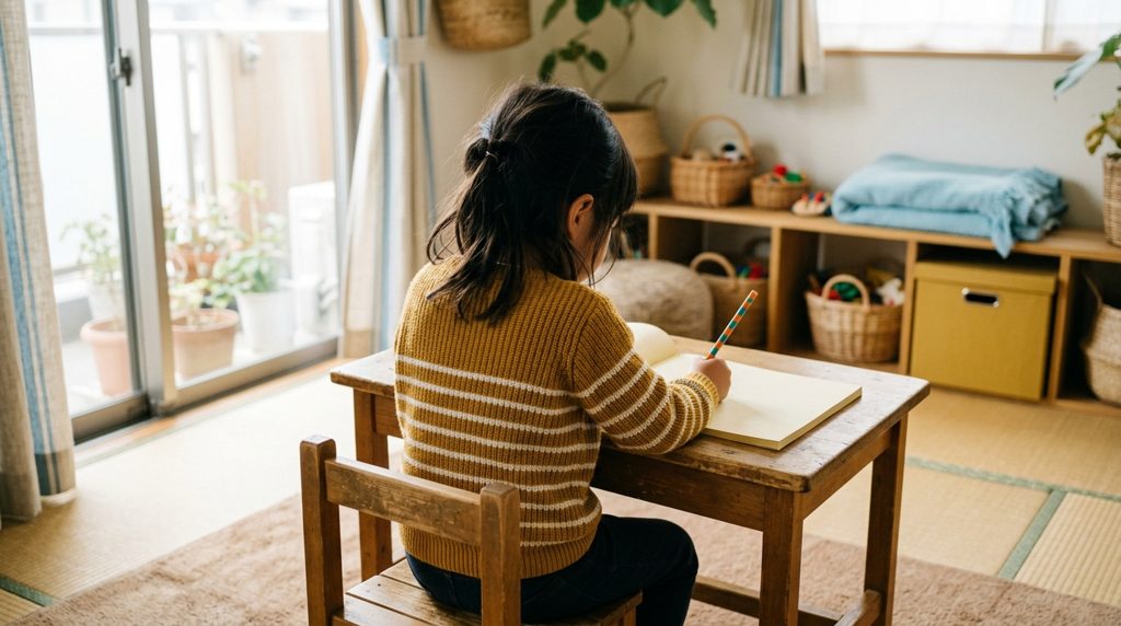 机に向かい鉛筆を持つ子の後ろ姿