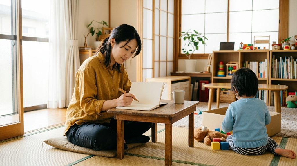 和室でノートを見ながら考える母親と遊ぶ子ども