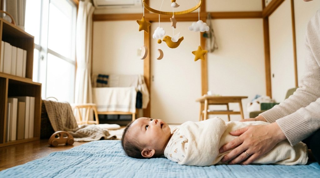 からし色のモビールを見上げる乳児と親の手