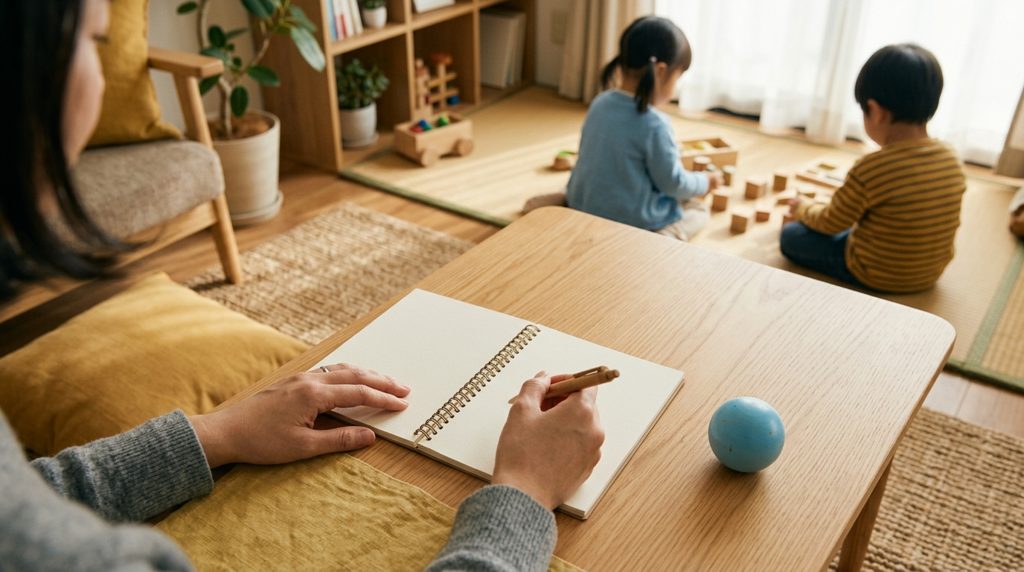温かい木製のテーブルで、親がノートにペンを置いている様子と、横に置かれた子どものおもちゃ