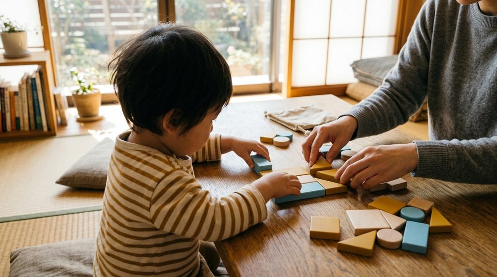 リビングで知育ブロックを並べる子供と大人の手