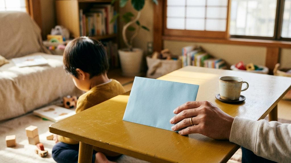 温かいリビングで、親が青い封筒を持つ手元