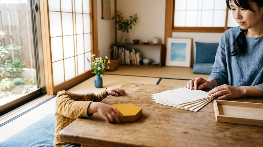 明るいリビングで、親が書類を見ている横で子どもが遊ぶ手元
