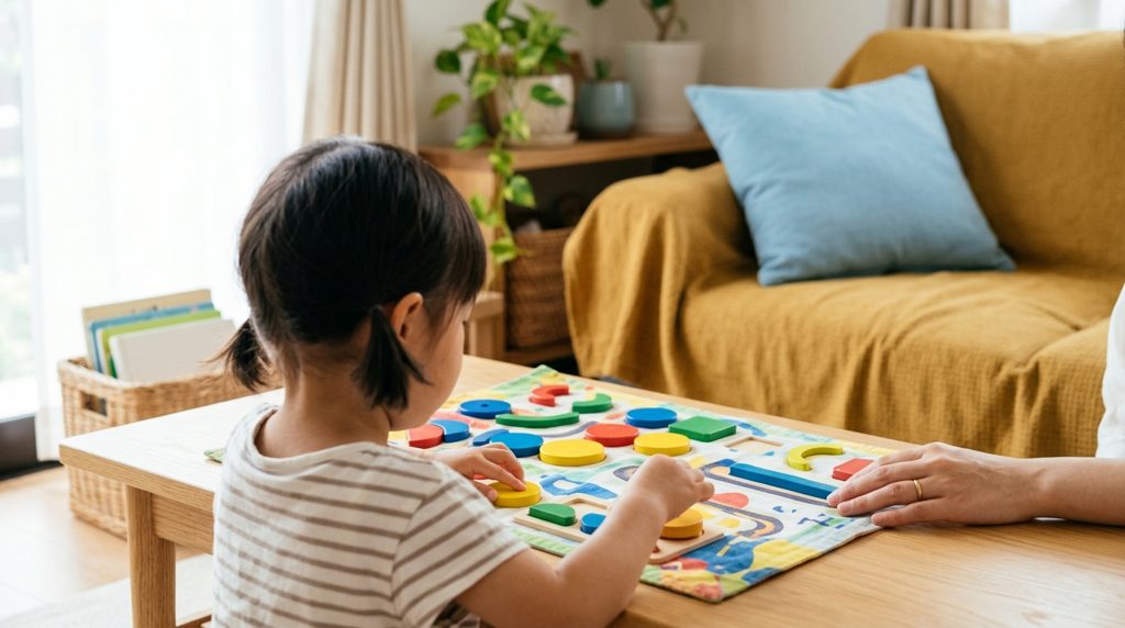 明るいリビングで、子供の手が知育教材を広げた机に向かい、親の手がそっと寄り添っている様子。