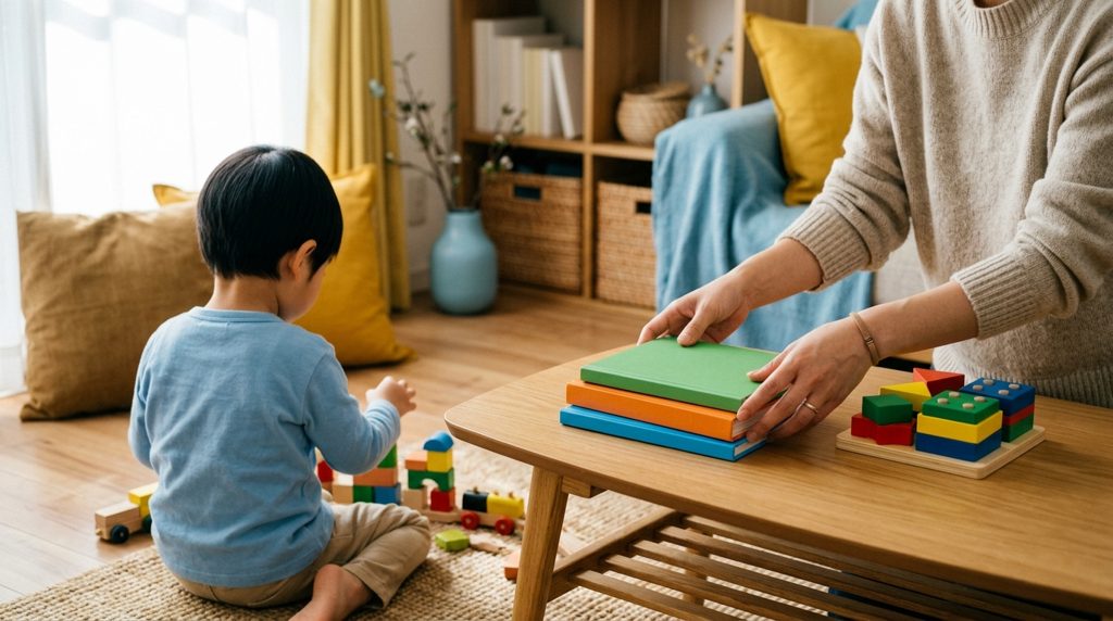 リビングで子供の学習教材を並べる親の手元