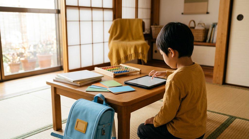 リビングでタブレットと学習教材に触れる子供の後ろ姿
