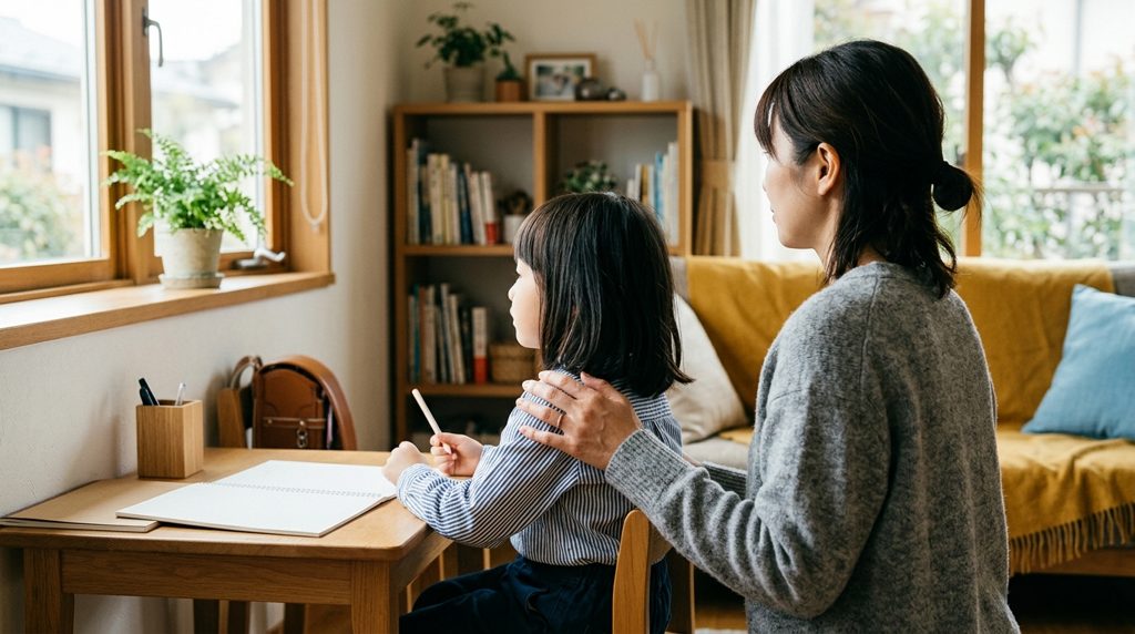 リビングで子供の肩に手を置く親